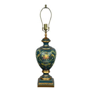 Bradburn Gallery Hand Painted Urn Table Lamp in Cerulean Blue & Gold For Sale