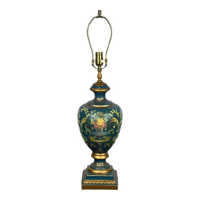 Bradburn Gallery Hand Painted Urn Table Lamp in Cerulean Blue & Gold For Sale