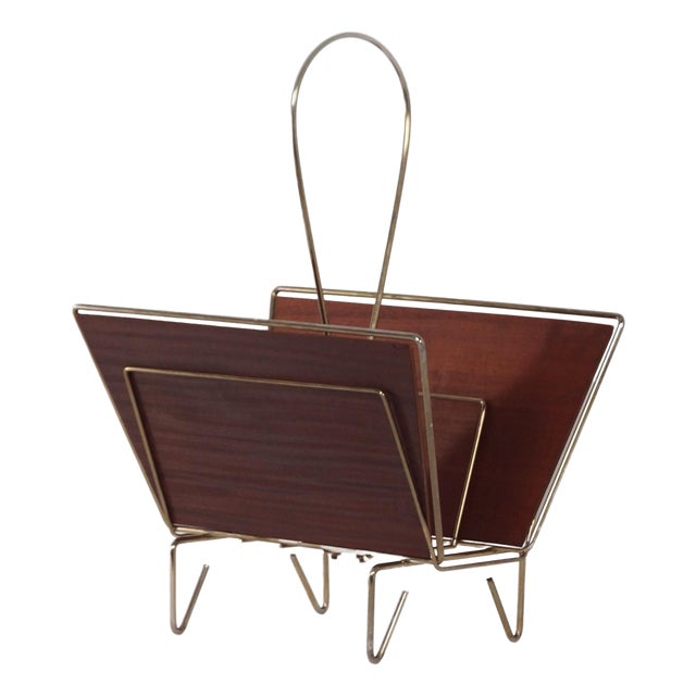 Mid-Century Magazine Holder in Brass and Teak, 1950s For Sale