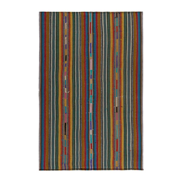 Brown 1950s Vintage Chaput Kilim in Multicolor Striped Pattern, Polychromatic Rug For Sale - Image 8 of 8