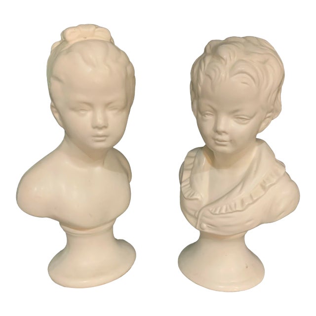 Pair of Blanc De Chine 9” Busts of Victorian Revival Style Children Made by Napco in the 60’s. For Neoclassical, Traditional, Eclectic or Baby Nursery For Sale