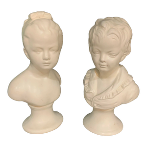 Pair of Blanc De Chine Houdon Style 9” Busts of Victorian Revival Children Made in the 1960’s. Great Cottage Core Accent Pieces - See Pics!