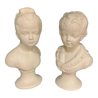 Pair of Blanc De Chine Houdon Style 9” Busts of Victorian Revival Children Made in the 1960’s. Great Cottagecore Accent Pieces - See Pics! For Sale