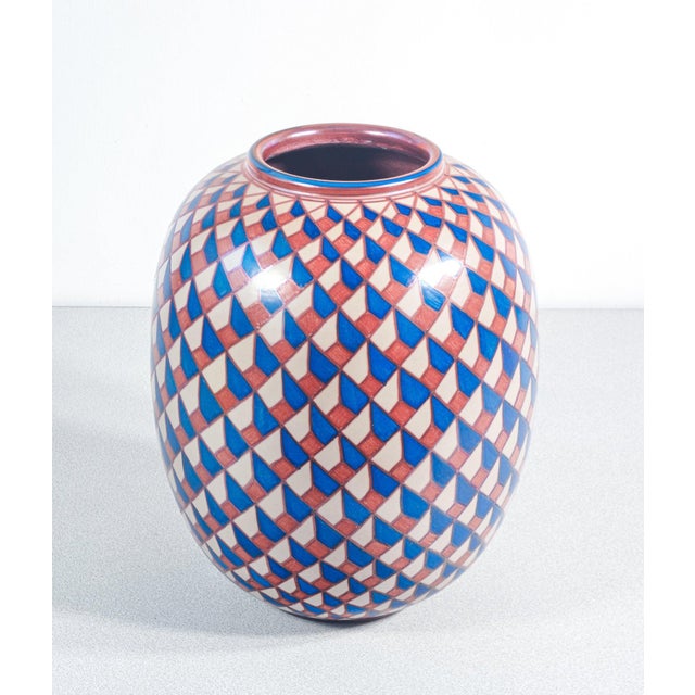 Bottega vignoli majolica vase, featuring a red, blue, and white checkered geometric pattern. Faenza, 1970s origin italy –...