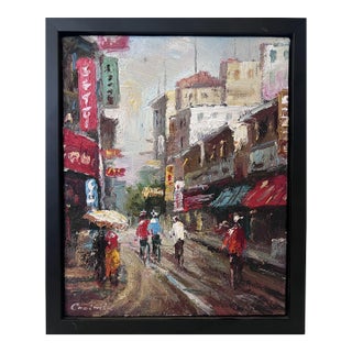 Signed Small European Street Scene Oil Painting Impasto City Artwork, Framed For Sale