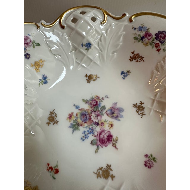 1970s Reichenbach Germany 11" Diameter Footed Floral Gold Trim Reticulated Dish For Sale - Image 10 of 18