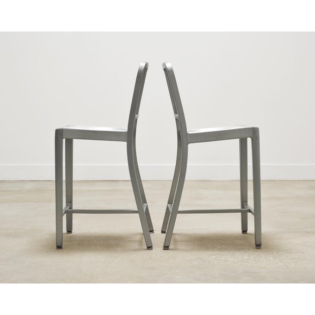 Silver Pair of Emeco 'Navy' Bar Counter Stools in Brushed Aluminum For Sale - Image 8 of 17