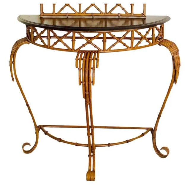Vintage Faux Bamboo Console Table & Mirror Set – Palm Beach Chinoiserie Style A striking vintage metal faux bamboo console...