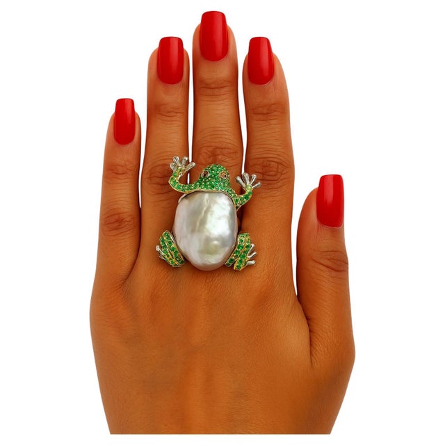 Green Bochic “Orient” Vintage White Sea Pearl & Emeralds Ring Set In 18K Gold & Silver For Sale - Image 8 of 10
