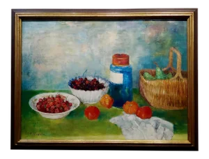 Mid 20th Century Fauvist Style Still Life of Fruits & a Glass Jar Oil Painting by Andre Vignoles
