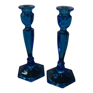 Vintage Fenton Blue Stretch Glass Candle Holders- a Pair For Sale