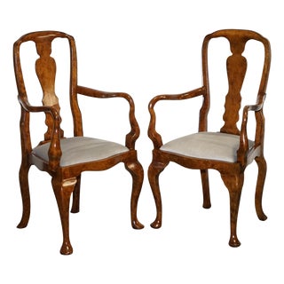 Art Deco Queen Anne Style Burr Walnut Hallway Elbow Armchairs, 1920s, Set of 2 For Sale