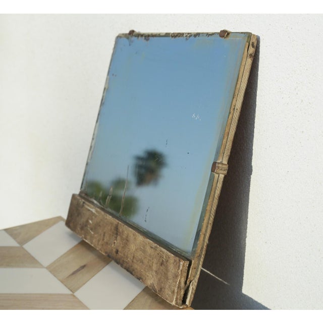Greige Primitive Antique Bathroom Mirror With Beveled Edge and Rich Patina Wood Frame For Sale - Image 8 of 18