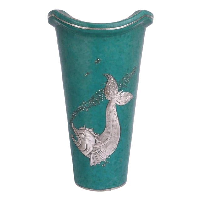 Argenta Vase with Silver Fish by Wilhelm Kåge for Gustavsberg, Sweden, 1940s For Sale