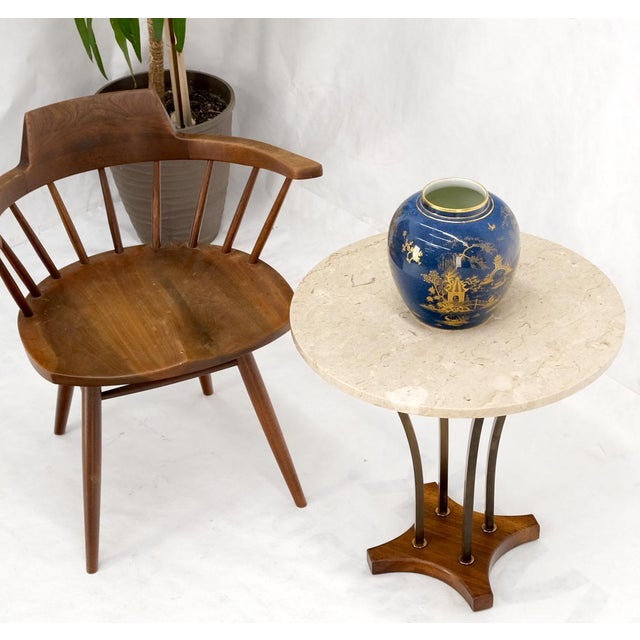 Antique White Mid 20th Century Round Marble Top Brass & Walnut Occasional End Side Table Lamp Stand For Sale - Image 8 of 12