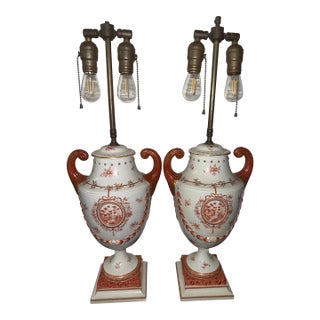 Pair 18th C Chinese Export Porcelain Pistol Handle Urn Vases Mounted as Lamps For Sale
