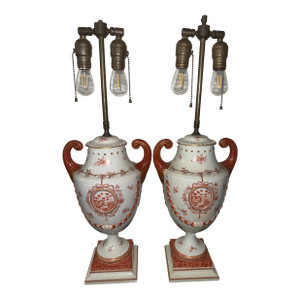 Pair 18th C Chinese Export Porcelain Pistol Handle Urn Vases Mounted as Lamps