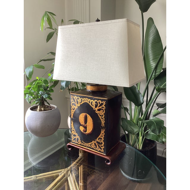 Farmhouse Vintage Tea Tin Folk Art “No. 9” Tole-Style Black & Gilt Table Lamp For Sale - Image 3 of 6