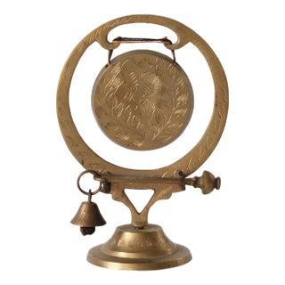 Vintage Etched Brass Desktop or Dinner Gong W/ Brass Bell Striker For Sale