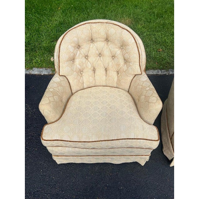 Pair of Tufted Button Back Swivel Chairs in a Cream Color With Brown Piping For Sale - Image 11 of 18