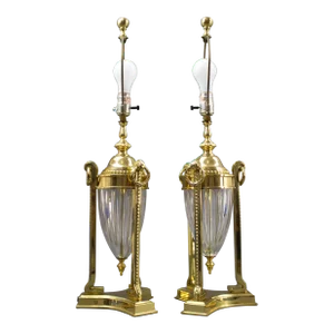 Pair French Neoclassical Style Brass & Crystal Glass Table Lamps