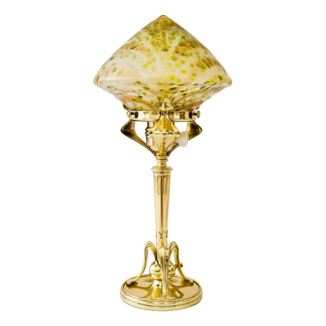 Antique Table Lamp with Loetz Glass Shade, 1908 For Sale