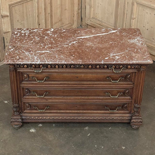 19th Century French Henry II Neoclassical Walnut Commode With Rouge Marble For Sale - Image 15 of 18