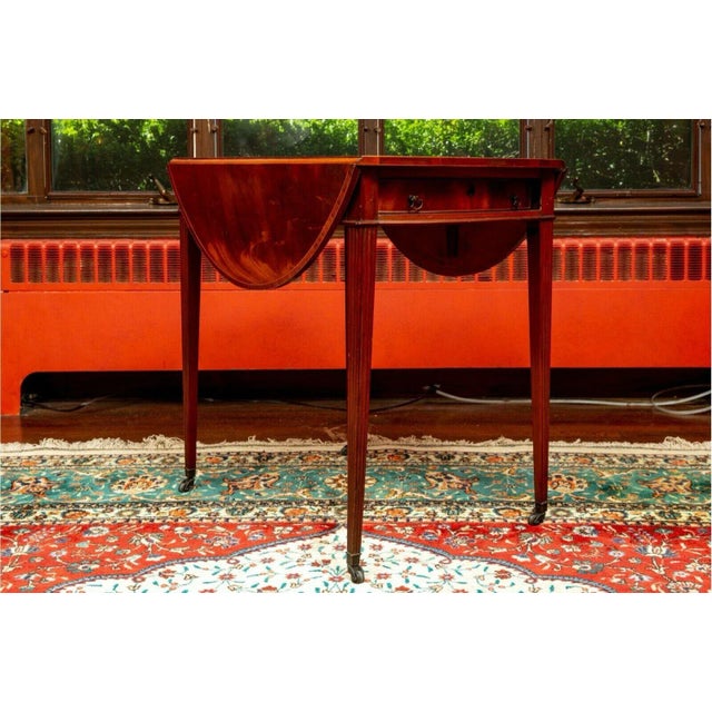 Brown Flame Mahogany Oval Pembroke Table With Banded Inlay on Casters For Sale - Image 8 of 8