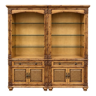 1980s Regency Coastal Style Faux Bamboo Fruitwood Bookcases / Display Cabinets - S/2, Pair For Sale