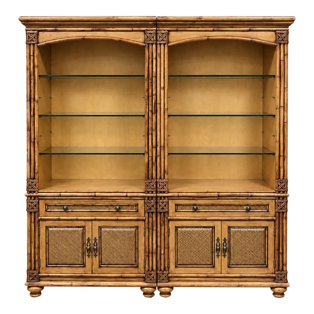 1980s Regency Coastal Style Faux Bamboo Fruitwood Bookcases / Display Cabinets - S/2, Pair For Sale