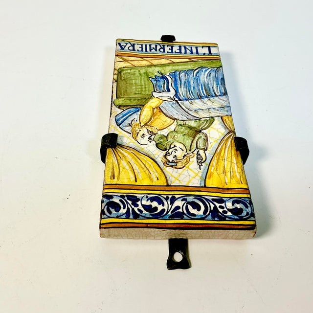 Mustard Vintage Rustic European Mediterranean Italian Castillo Tin-Glazed Majolica Hand-Painted Tile, Iron Bracket For Sale - Image 8 of 13