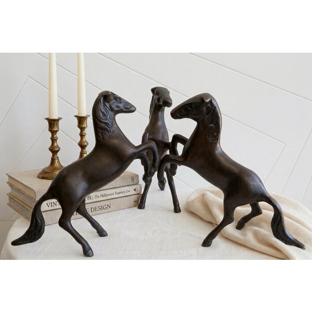Hollywood Regency 1970s Hollywood Regency Solid Bronze Triple Rearing Stallion Figurine – Single Integrated Piece For Sale - Image 3 of 5