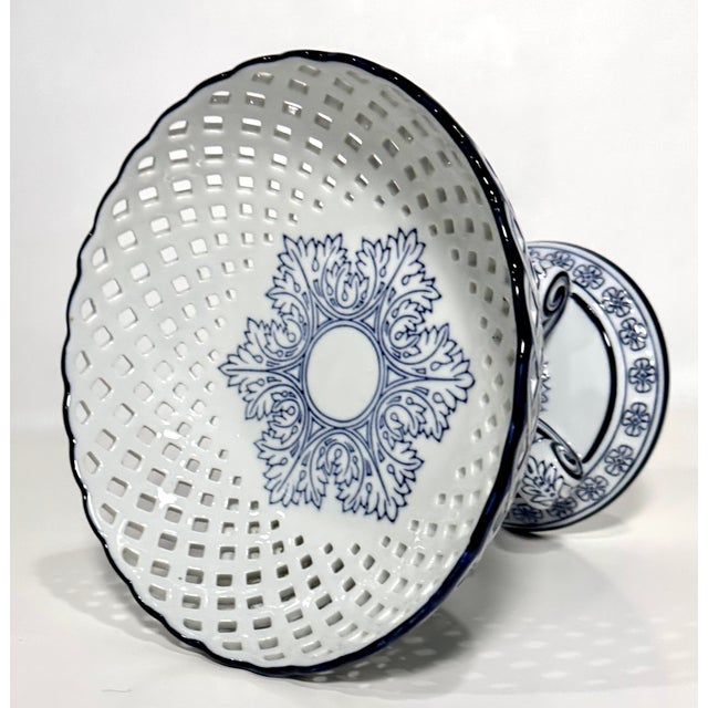 1980s Blue & White Lattice Work Raised Compote by Bombay Co. For Sale - Image 11 of 11