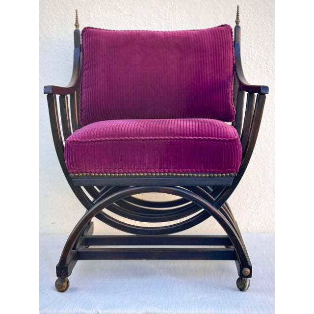 Side Chair: Vintage Occasional Chair: Ebonized Wood W/New Upholstery. Savonarola Style, on Castors, Textile: Performance Magenta Corduroy Velvet. For Sale - Image 11 of 11