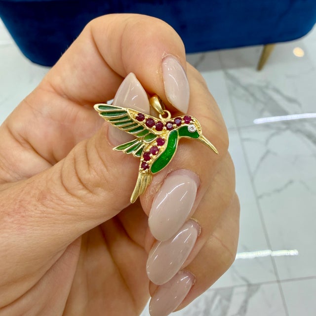 Gold Vintage 14k Yellow Gold Diamond Ruby Green Enamel Hummingbird Drop Pendant For Sale - Image 8 of 8