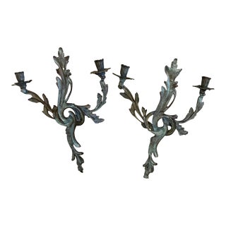 Antique Iron Candleholders Sconces, a Pair, Blue Green Iron, Wall Mounted. For Sale