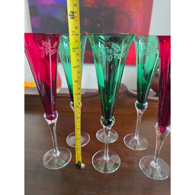 Glass Set of Six Colored Crystal Champagne Flutes From Lenox 'Holiday Gems' Collection For Sale - Image 7 of 7