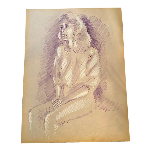 Vintage 1970s French Charcoal Sketch on Paper For Sale