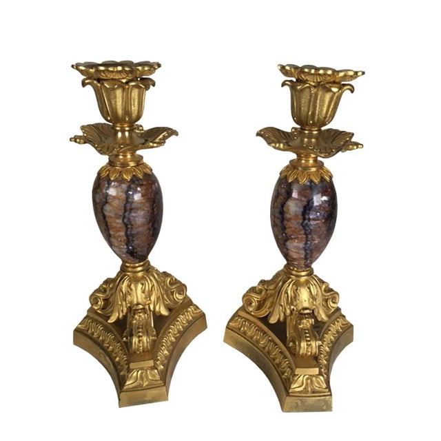 Bronze Antique Derbyshire Blue John With Bronze Candlesticks- a Pair For Sale - Image 8 of 8