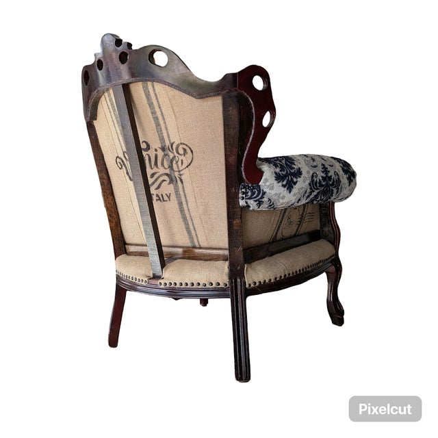 Navy Blue Vintage Hand Carved Italian Deconstructed Upholstered Armchair For Sale - Image 8 of 8