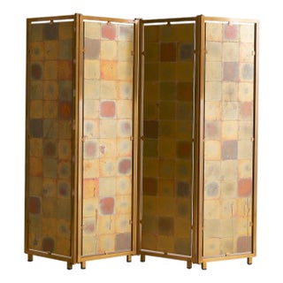 French Gilt-Metal + Patinated Gold-Leaf Folding Screen, 1970s For Sale