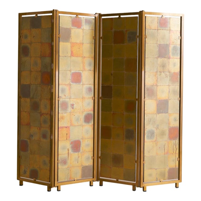 French Gilt-Metal + Patinated Gold-Leaf Folding Screen, 1970s For Sale