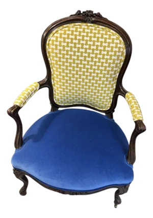 European-Style Carved Wood Armchair With Upholstered Seat and Back
