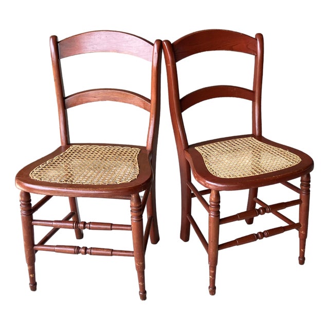 Circa 1920 Solid Oak Wood & Cane Seat Two-Rung Curved Ladderback Accent Chairs – A Pair For Sale