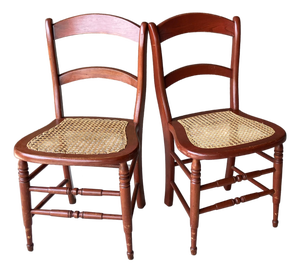 Circa 1920 Solid Oak Wood & Cane Seat Two-Rung Curved Ladderback Accent Chairs – A Pair