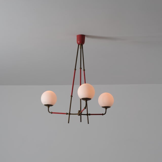 1950s Vintage Italian Brass and Red Lacquered Chandelier with Opaline Glass, 1950s For Sale - Image 5 of 13