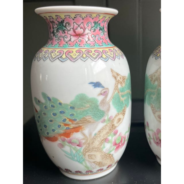 Antique Famille Rose Petite Peacock Vases-a Pair For Sale - Image 4 of 9