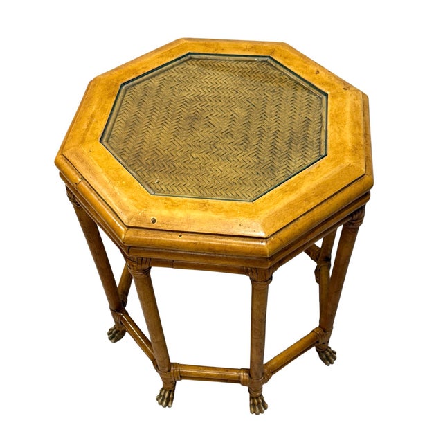 Rattan side table in the manner of McGuire. Leather wrapped edges. Glass inset tabletop, that can be removed for Cleaning....
