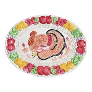Vintage Hand Painted Colorful Oval Turkey Platter For Sale
