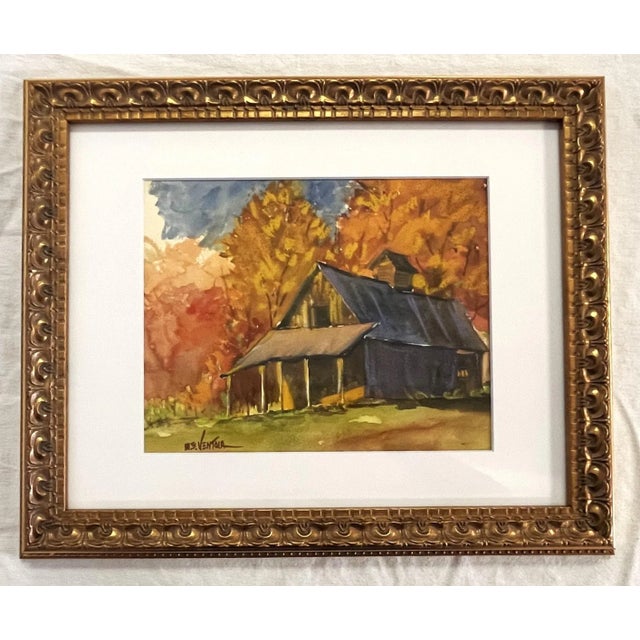 Boho Chic Framed Original Signed Watercolor Painting by M E Ventola of an 'Old Barn in Autumn' For Sale - Image 3 of 13